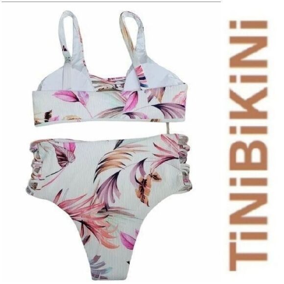 TiniBikini floral white textured strappy high waisted Women's 2 piece Bi… - Picture 2 of 10